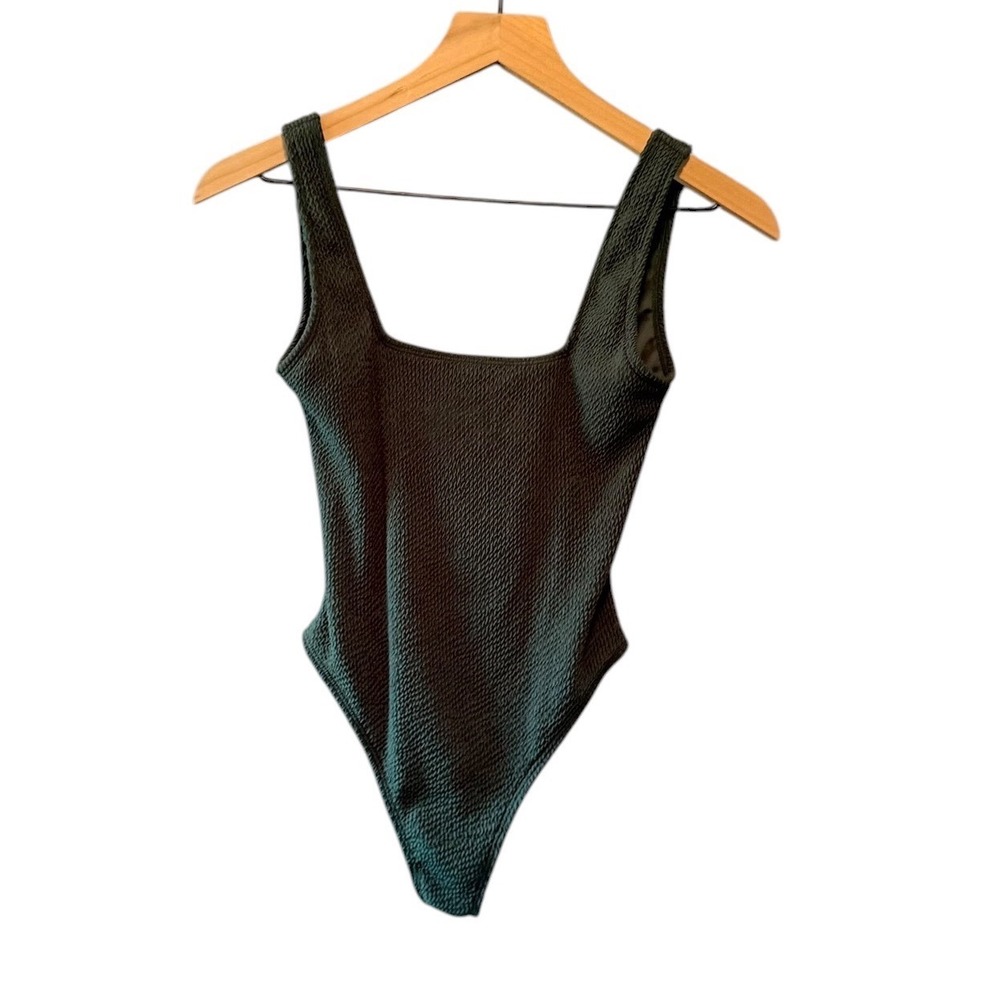 TJ SWIM Forest Green Crinkle Square Neck High Cut One Piece Swimsuit Small